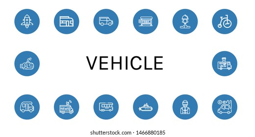 Set Of Vehicle Icons Such As Spaceship, Train, Van, Bus Stop, Rocket, Tricycle, Truck, Submarine, Driver, Electric Vehicle, Food Truck , Vehicle