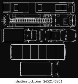 A set of vehicle outlines including a school bus, ambulance, taxi, bus, and fire truck in top view perspective. White vector illustration lines on black background with clean, simple design.
