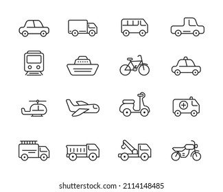 Set of vehicle and transportation icon in simple linear style isolated on white background