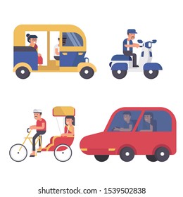 set of vehicle transportation for travel, car, motorcycle or motorbike, tricycle and auto rickshaw with driver and passenger isolated on white background. cartoon flat design vector illustration