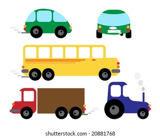 Conjunto de vehículos - coche, autobús, tractor