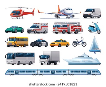 Set of vehicles. Collection of various kinds of transportation. Vector cartoon illustration