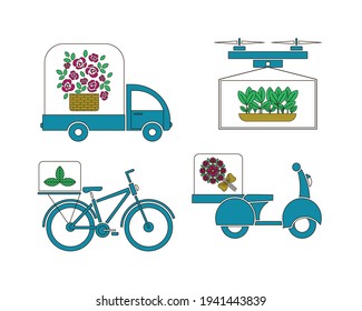 A set of vehicles for the delivery of flowers and plants. Color image of a car, scooter, bicycle and drone. Design element. Vector illustration.