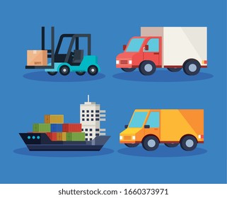 set vehicles of delivery logistic service vector illustration design