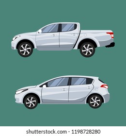 Set of vehicles pickup truck and Hatchback in side view.