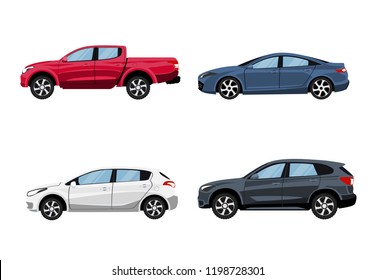 Set of vehicles pickup truck, Hatchback, suv and sedan in side view.