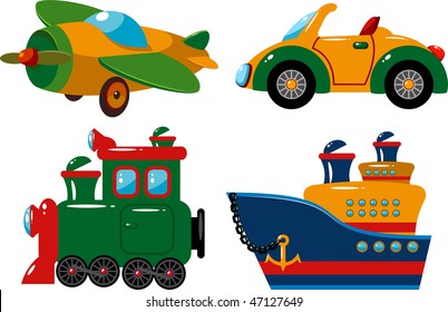 Set of vehicles: plane, car, train and ship. Over white.