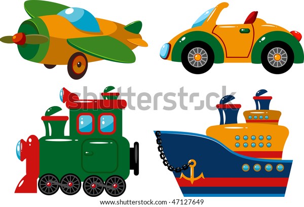 Set\
of vehicles: plane, car, train and ship. Over\
white.