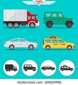 A set of vehicles with a shadow. Cargo van, SUV, car, motor cab. Icons of cars in flat style. Vector illustration. Design elements.