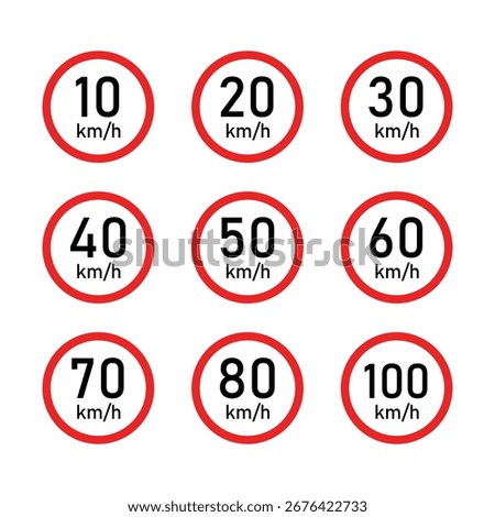Set of vehicles speed limit per hours icon. minimum and maximum speed limit symbol icon. speed limit sign for road safety. 10-100 speed limits. road sign