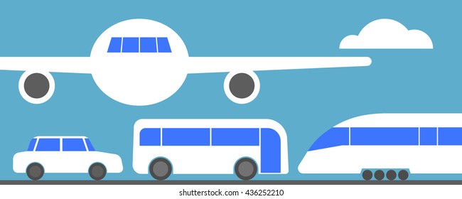 Set of vehicles for transportation. White plane in the air. White car. White bus. White express train. White cloud in the blue sky. Transportation ground and air. Transportation logo. Vector.