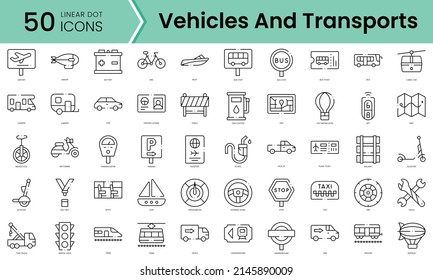 Conjunto de iconos de vehículos y transporte. Conjunto de iconos de estilo de arte de línea. ilustración vectorial