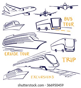A set of vehicles for travel. Air, water and land transportation. Hand-drawn bus, train, ship and plane. Bus tour. Cruise tour.