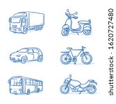 Set of vehicles, as truck, car, bus, bike, scooter and motorbike.  Hand drawn line art cartoon vector illustration.
