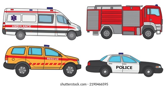 Set of Vehicles of various emergency services vehicle vector illustration. Police, ambulance, fire brigade, rescuers isolated on white background