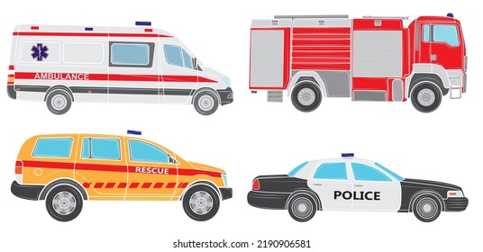 Conjunto de Vehículos de diversos servicios de emergencia ilustración vectorial de vehículos. Policía, ambulancia, bomberos, rescatistas aislados de fondo blanco