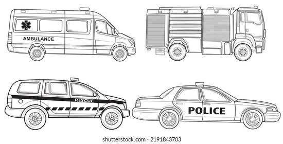 Set von Fahrzeugen verschiedener Notdienste Fahrzeug Vektorgrafik. Polizei, Krankenwagen, Feuerwehr, Rettungsdienst einzeln auf weißem Hintergrund