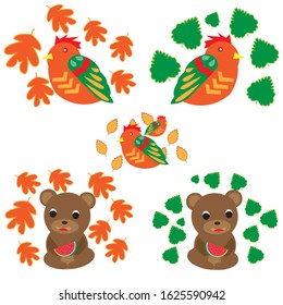 set vektor bears and birds in autumn white background