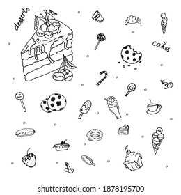 set of vektor doodles on the theme of dessert, sweets, pastries, cakes, ice crem.