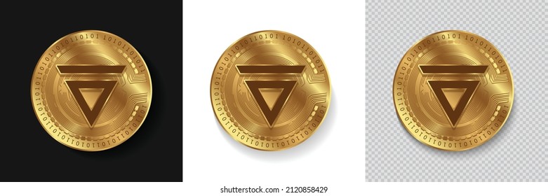 Set of Velas (VLX) crypto currency logo symbol vector isolated on white, dark and transparent background. Can be used as golden coin sticker, icon, label, badge, print design and emblem