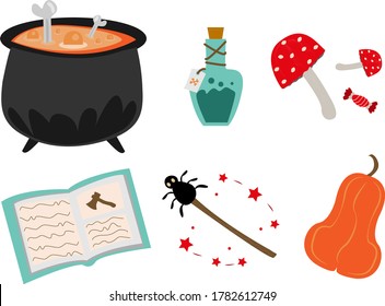 A set of velma's witchcraft magic of 6 items. An isolated image of a spell book, a magic potion, poisonous mushrooms, a bottle of poison, a magic wand and a ripe pumpkin. For stickers and postcards.