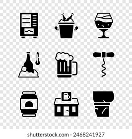 Set Vending machine, Beer bottles ice bucket, Glass of beer, can, Store building shop, belly, Cold and Wooden mug icon. Vector