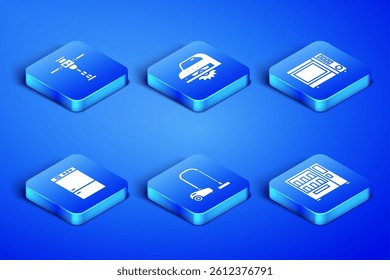 Set Vending machine, Construction jackhammer, Vacuum cleaner, Refrigerator, Electric circular saw and Microwave oven icon. Vector
