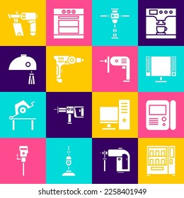 Set Vending machine, House intercom system, Smart Tv, Construction jackhammer, Electric drill and mixer icon. Vector