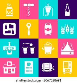 Set Vending machine, Pack of beer bottles, Wheat, Beer brewing process, Bottle opener, menu,  and can icon. Vector