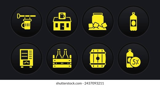 Set Vending machine, Plastic beer bottle, Pack of bottles, Wooden barrel, Cold can, Store building shop, Beer and Signboard with glass icon. Vector