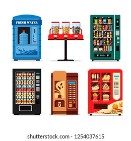 Set vending machines full of products, dispensers collection with water candy cigarettes snacks coffee hot food isolated on white background. Vendor machine front view. Flat vector illustration