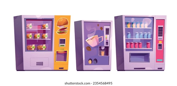 Set of vending machines isolated on white background. Vector cartoon illustration of automated slot dispensers for selling snacks, hot drinks and cold beverages, burgers and soda cans on shelves