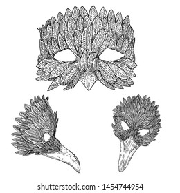 Set of Venetian carnival bird face mask for party decoration or masquerade , hand drawing. Vector.