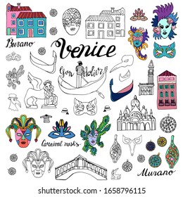 Set of Venetian elements in the Doodle style. Carnival masks, colored houses, gondola, Murano glass.  Freehand vector drawing isolated on white background. Coloring page for children and adults.