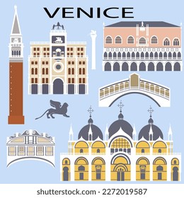 Set of the Venetian landmarks in flat color style