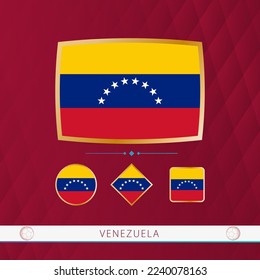 Set of Venezuela flags with gold frame for use at sporting events on a burgundy abstract background. Vector collection of flags.