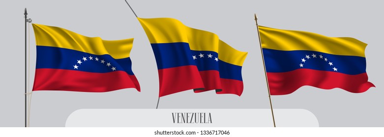 Set of Venezuela waving flag on isolated background vector illustration. 3 multi stripes Venezuelan wavy realistic flag as a patriotic symbol 