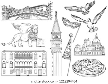 Set of Venice sketch. Vector illustration. Famous Venice monumen