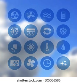 set of ventilation and conditioning system flat icons on abstract vector background.