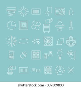 set of ventilation and conditioning system icon, line art. 