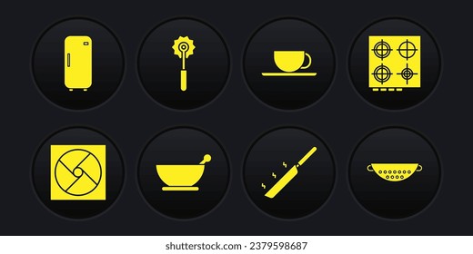 Set Ventilation, Gas stove, Mortar and pestle, Frying pan, Coffee cup, Pizza knife, Kitchen colander and Refrigerator icon. Vector