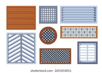 Set of ventilation grilles in cartoon style. Vector illustration of steel, metal ventilation shutters with holes, different designs and shapes: square, rectangular, round isolated on white background.