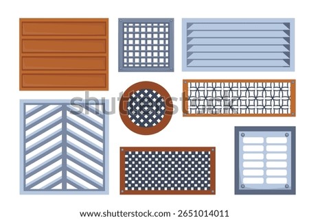 Set of ventilation grilles in cartoon style. Vector illustration of steel, metal ventilation shutters with holes, different designs and shapes: square, rectangular, round isolated on white background.