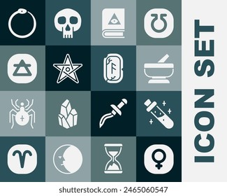 Set Venus, Botella con poción, Mortero y almirez, Libro de magia antigua, Pentagrama, Elemento de aire, Ouroboros y el icono de las runas mágicas. Vector