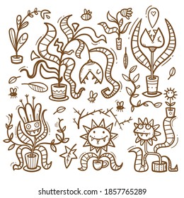 Set and Venus flytraps  Monsters plants print  Comic drawing  predatory flowers  Vector doodle stickerpack 
