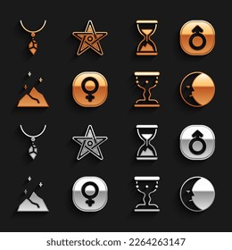 Set Venus, Mars, Moon, Medieval goblet, Magic powder, Old hourglass with sand, Necklace crystal and Pentagram icon. Vector