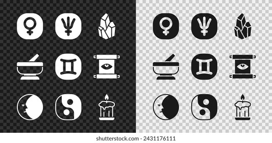 Set Venus, Neptune planet, Magic stone, Moon, Yin Yang, Burning candle, Mortar pestle and Gemini zodiac icon. Vector