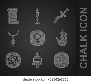 Venus, campana de alarma, círculo de pentagramas, mano de Hamsa, tarjetas Tarot, collar con cristal, daga y decreto, pergamino, icono de pergamino. Vector