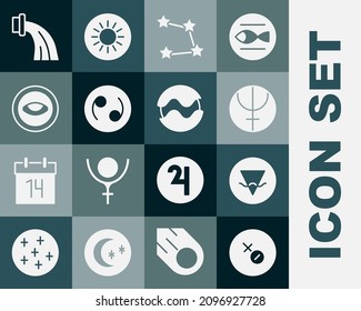 Set Venus symbol, Earth element, Neptune planet, Star constellation zodiac, Cancer, Medallion with eye, Aquarius and Planet icon. Vector