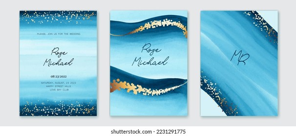 Set of verical backgrounds with blue, turquoise watercolor texture. Water, ink texture imitation. Golden splatters. Festive design for card, invitation, brochure, voucher.